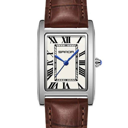 SANDA Vintage Leather Strap Watch - Men's Silver, Brown Strap