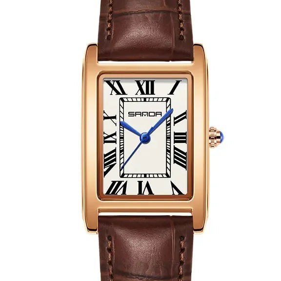 SANDA Vintage Leather Strap Watch - Men's Rose Gold, Brown Strap