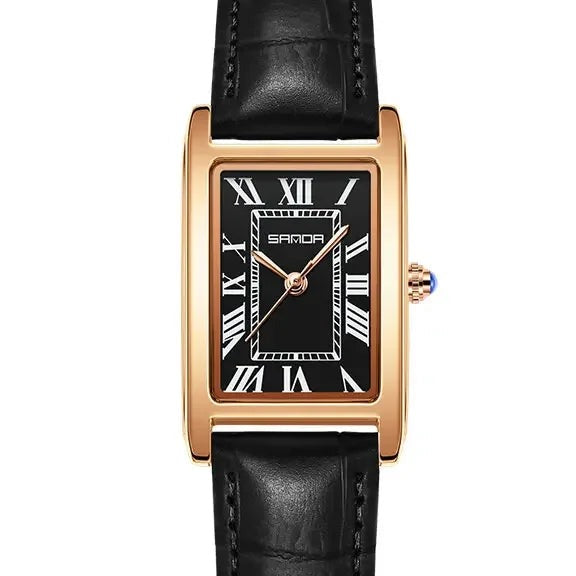 SANDA Vintage Leather Strap Watch - Women's Rose Gold, Black Dial