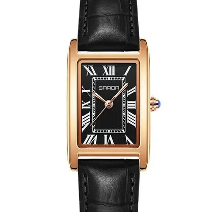 SANDA Vintage Leather Strap Watch - Women's Rose Gold, Black Dial