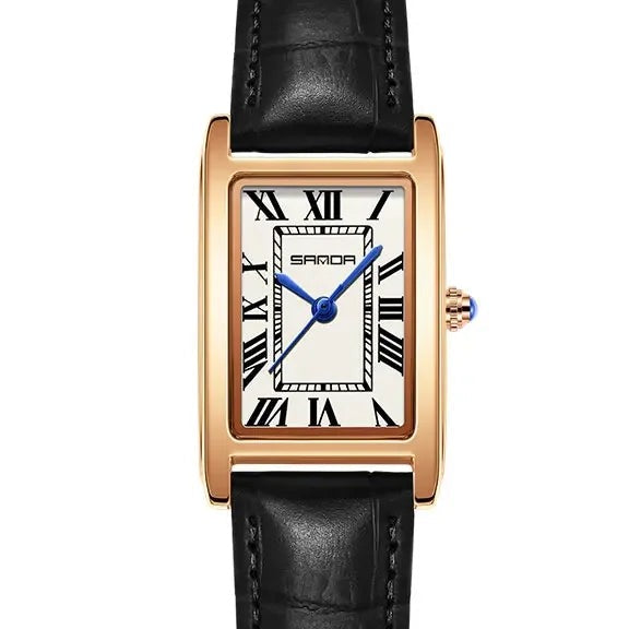 SANDA Vintage Leather Strap Watch - Women's Rose Gold, White Dial