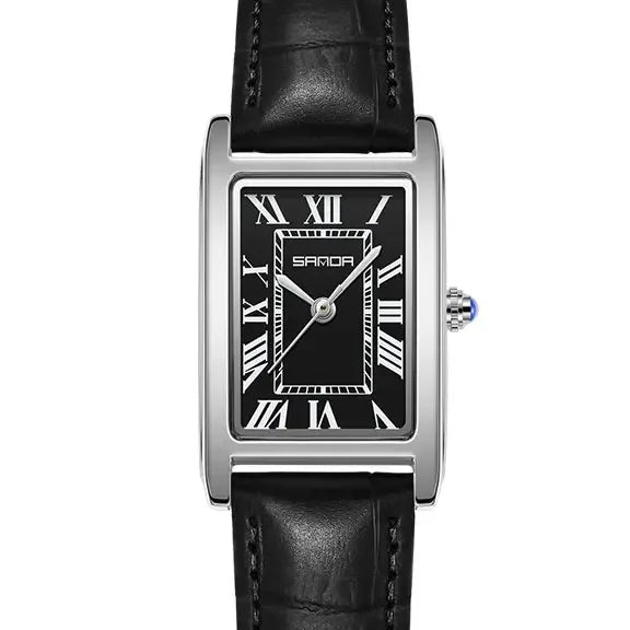 SANDA Vintage Leather Strap Watch - Women's Silver, Black Dial