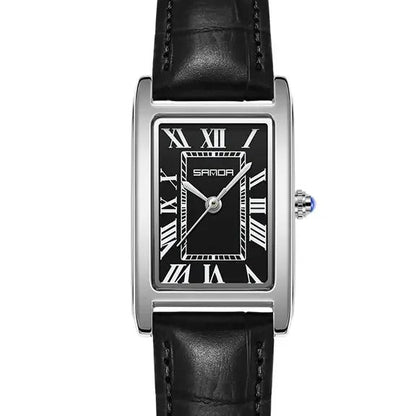 SANDA Vintage Leather Strap Watch - Women's Silver, Black Dial