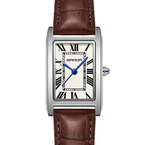 SANDA Vintage Leather Strap Watch - Women's Silver, Brown Strap