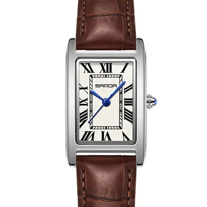 SANDA Vintage Leather Strap Watch - Women's Silver, Brown Strap